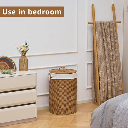 Round Water Hyacinth Laundry Hamper with Lid Handwoven Wicker Basket with Handles for Dirty Clothes, Storage, and Organization Ideal for Bedroom, Bathroom, and Laundry Room, No Assembly Required, 60L