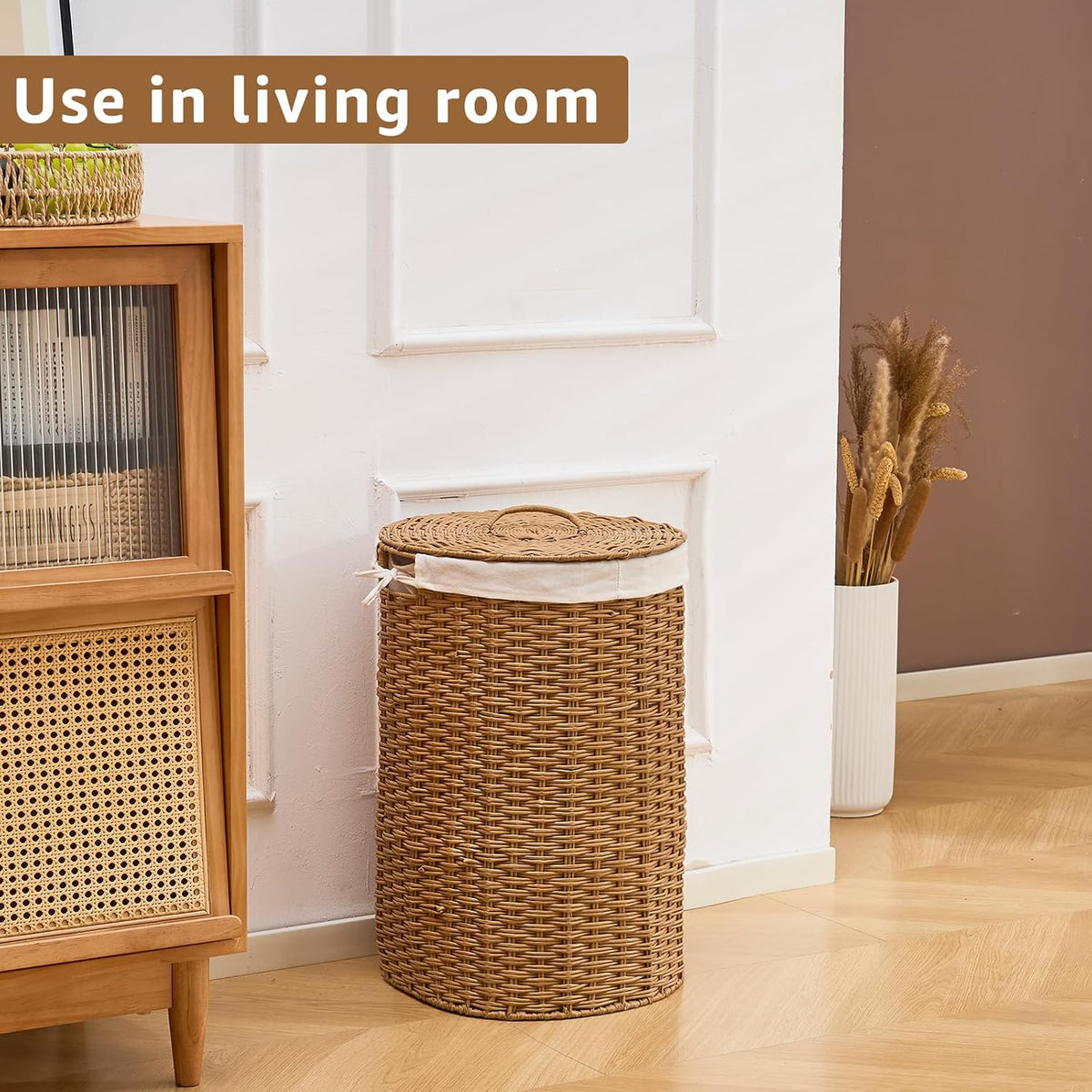 Round Water Hyacinth Laundry Hamper with Lid Handwoven Wicker Basket with Handles for Dirty Clothes, Storage, and Organization Ideal for Bedroom, Bathroom, and Laundry Room, No Assembly Required, 60L