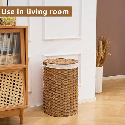 Round Water Hyacinth Laundry Hamper with Lid Handwoven Wicker Basket with Handles for Dirty Clothes, Storage, and Organization Ideal for Bedroom, Bathroom, and Laundry Room, No Assembly Required, 60L