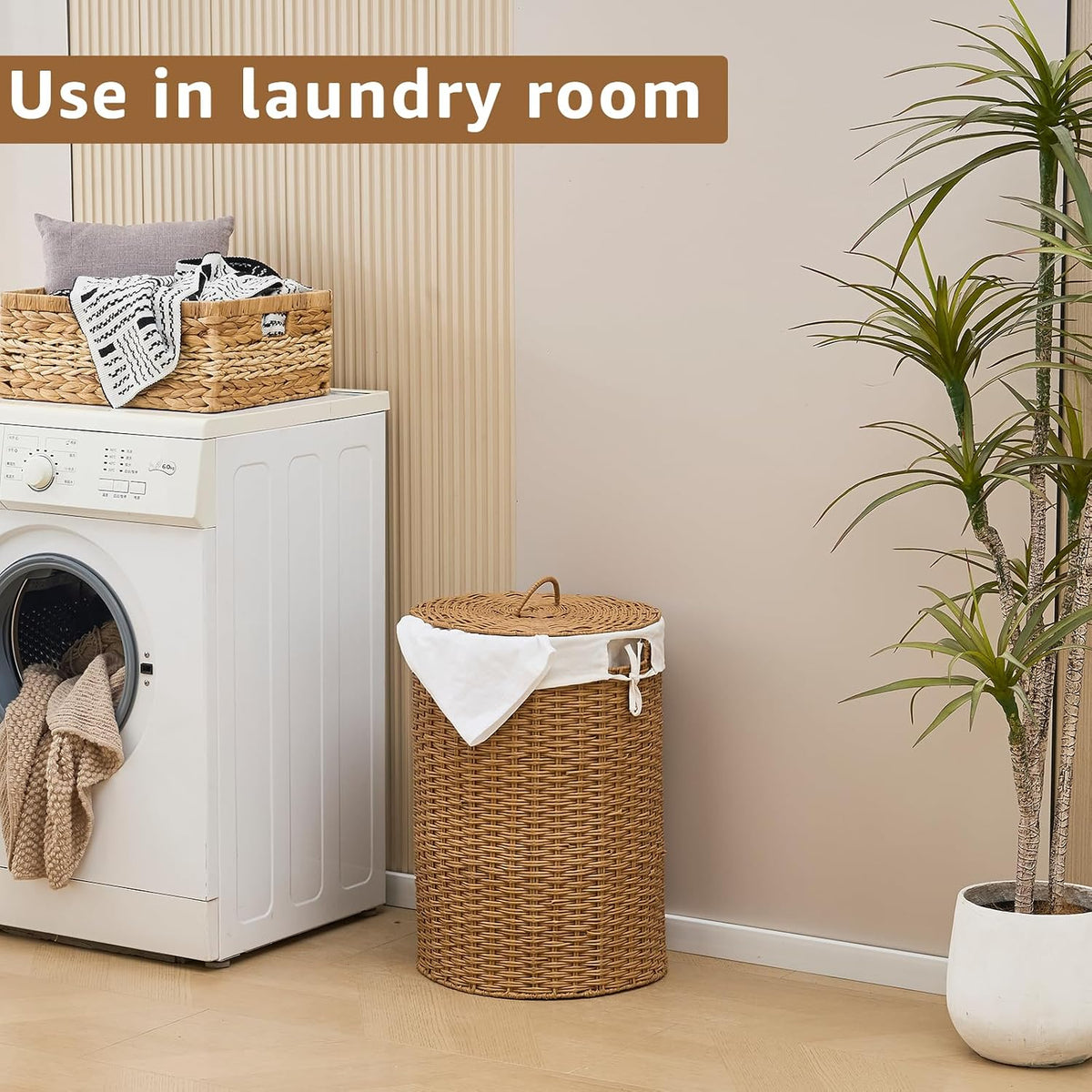 Round Water Hyacinth Laundry Hamper with Lid Handwoven Wicker Basket with Handles for Dirty Clothes, Storage, and Organization Ideal for Bedroom, Bathroom, and Laundry Room, No Assembly Required, 60L