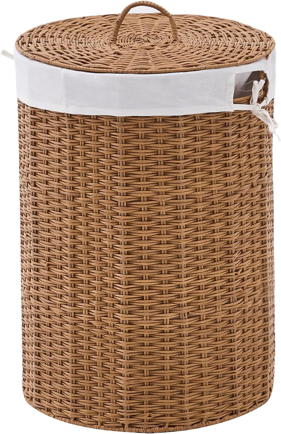 Round Water Hyacinth Laundry Hamper with Lid Handwoven Wicker Basket with Handles for Dirty Clothes, Storage, and Organization Ideal for Bedroom, Bathroom, and Laundry Room, No Assembly Required, 60L