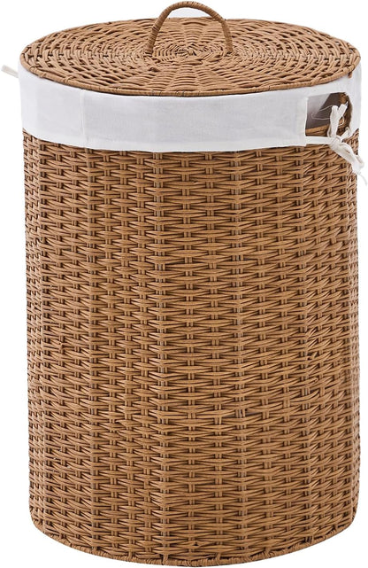 Round Water Hyacinth Laundry Hamper with Lid Handwoven Wicker Basket with Handles for Dirty Clothes, Storage, and Organization Ideal for Bedroom, Bathroom, and Laundry Room, No Assembly Required, 60L