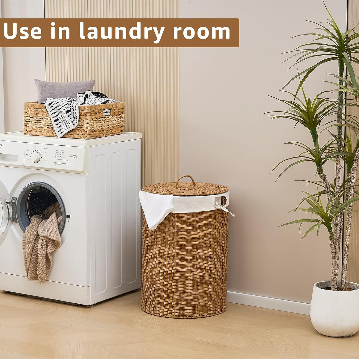 Round Water Hyacinth Laundry Hamper with Lid Handwoven Wicker Basket with Handles for Dirty Clothes, Storage, and Organization Ideal for Bedroom, Bathroom, and Laundry Room, No Assembly Required, 60L