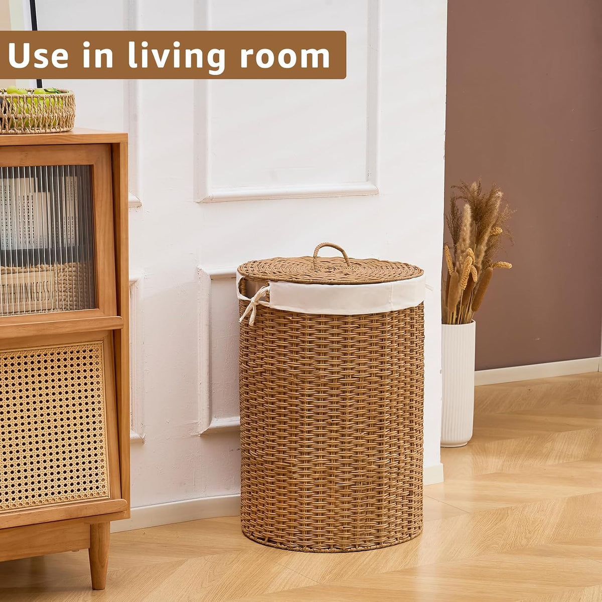 Round Water Hyacinth Laundry Hamper with Lid Handwoven Wicker Basket with Handles for Dirty Clothes, Storage, and Organization Ideal for Bedroom, Bathroom, and Laundry Room, No Assembly Required, 60L