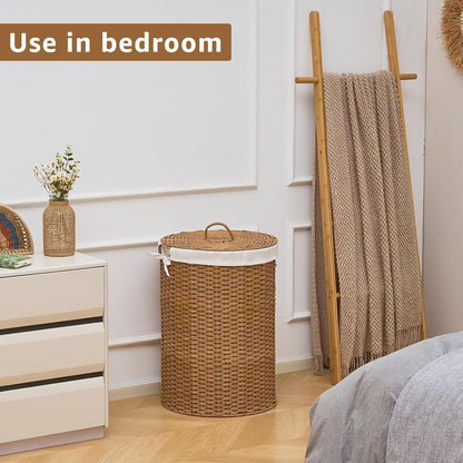 Round Water Hyacinth Laundry Hamper with Lid Handwoven Wicker Basket with Handles for Dirty Clothes, Storage, and Organization Ideal for Bedroom, Bathroom, and Laundry Room, No Assembly Required, 60L