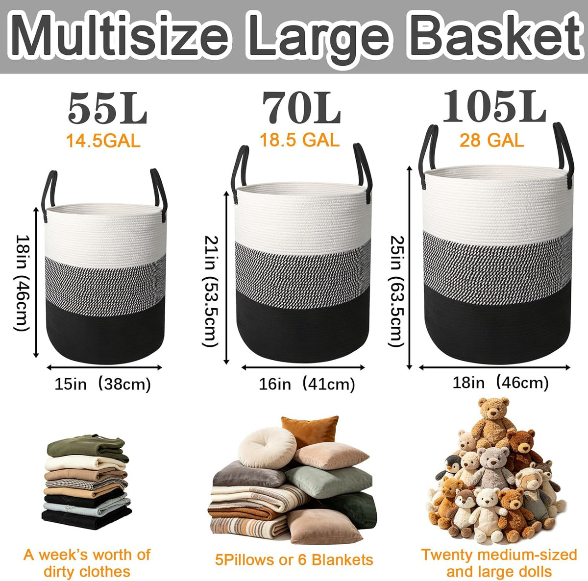 Large Laundry Hamper, Woven Rope Basket with Sturdy Handles- Grey