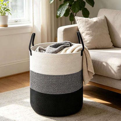 Large Laundry Hamper, Woven Rope Basket with Sturdy Handles- Grey