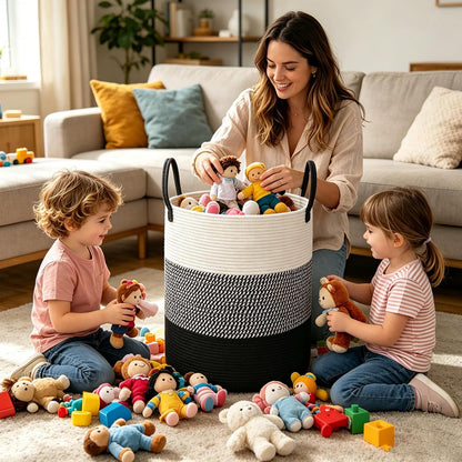 Large Laundry Hamper, Woven Rope Basket with Sturdy Handles- Grey