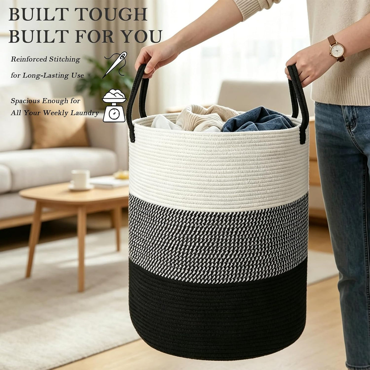 Large Laundry Hamper, Woven Rope Basket with Sturdy Handles- Grey