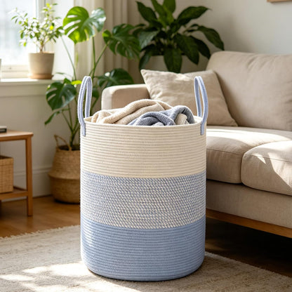 Large Laundry Hamper, Woven Rope Basket with Sturdy Handles- Grey