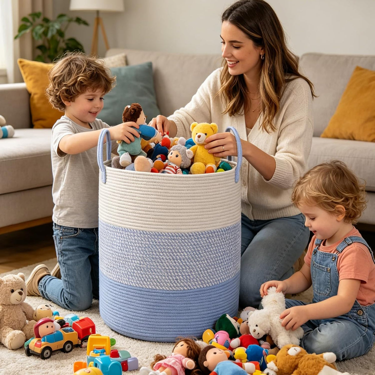Large Laundry Hamper, Woven Rope Basket with Sturdy Handles- Grey