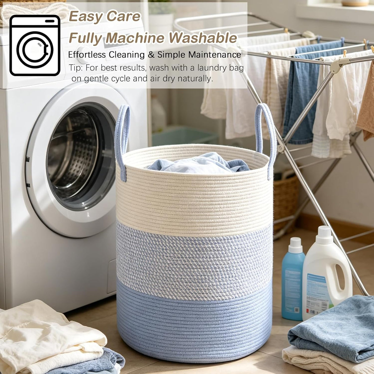 Large Laundry Hamper, Woven Rope Basket with Sturdy Handles- Grey