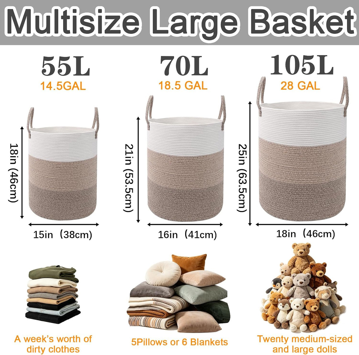 Large Laundry Hamper, Woven Rope Basket with Sturdy Handles- Grey