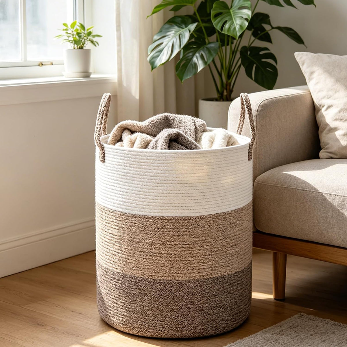 Large Laundry Hamper, Woven Rope Basket with Sturdy Handles- Grey