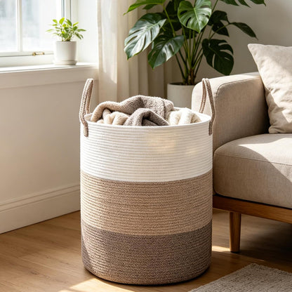 Large Laundry Hamper, Woven Rope Basket with Sturdy Handles- Grey