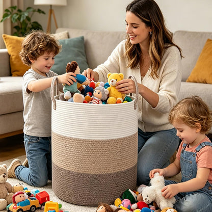 Large Laundry Hamper, Woven Rope Basket with Sturdy Handles- Grey
