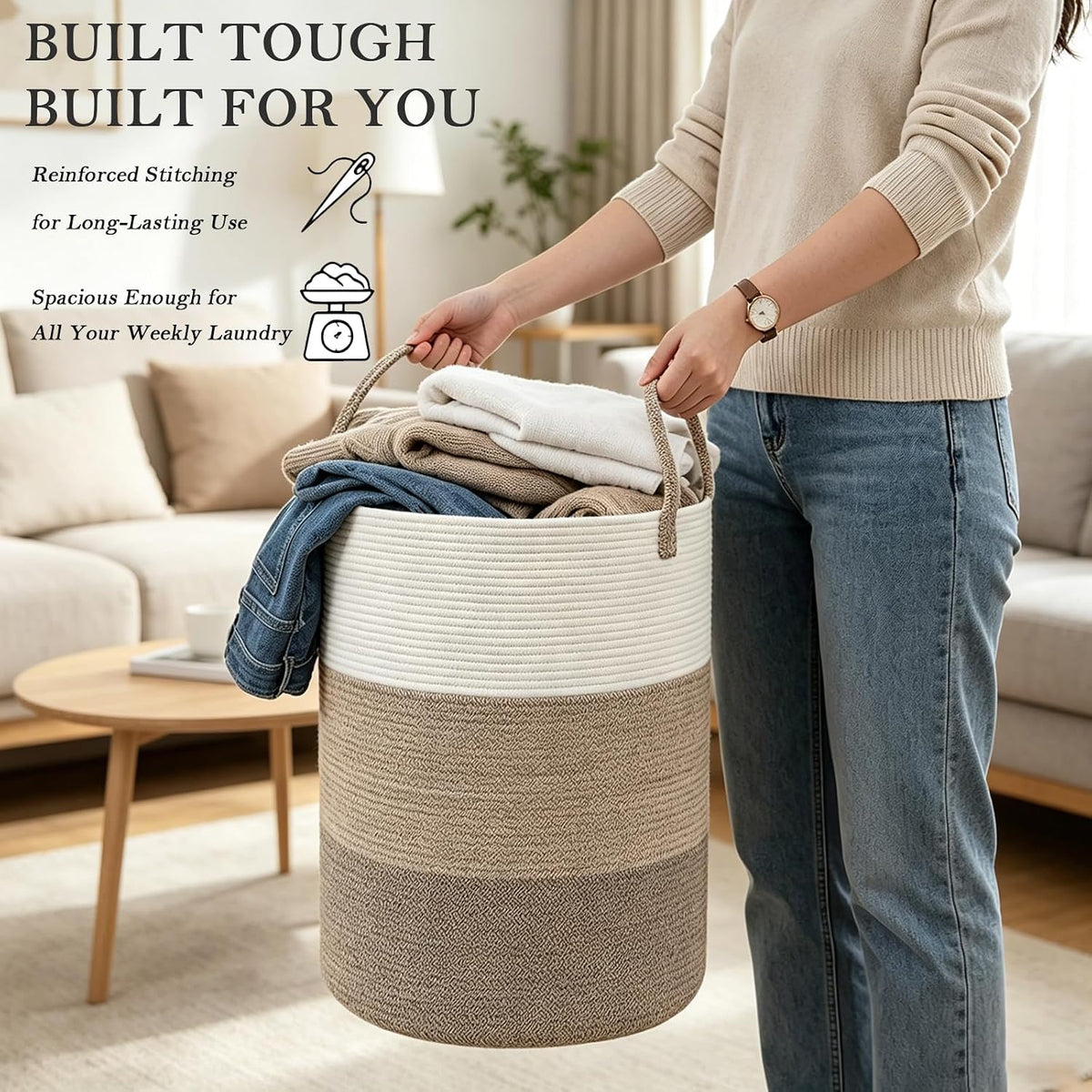 Large Laundry Hamper, Woven Rope Basket with Sturdy Handles- Grey