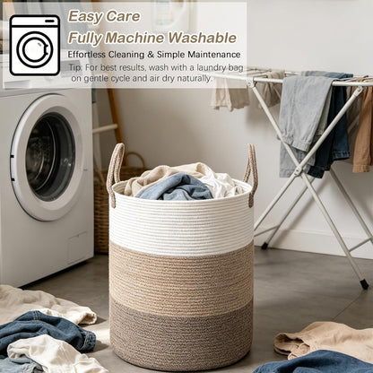 Large Laundry Hamper, Woven Rope Basket with Sturdy Handles- Grey