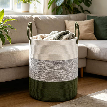 Large Laundry Hamper, Woven Rope Basket with Sturdy Handles- Grey