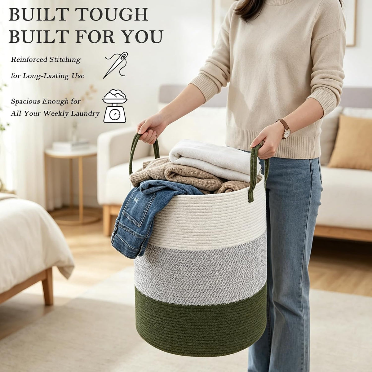 Large Laundry Hamper, Woven Rope Basket with Sturdy Handles- Grey