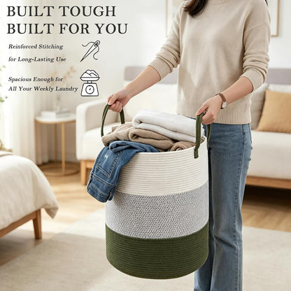 Large Laundry Hamper, Woven Rope Basket with Sturdy Handles- Grey