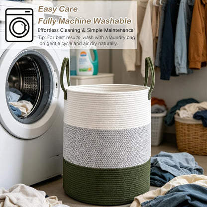 Large Laundry Hamper, Woven Rope Basket with Sturdy Handles- Grey