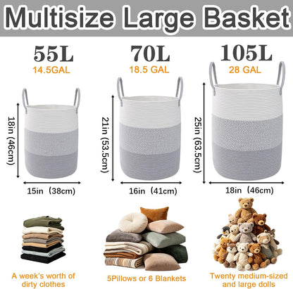 Large Laundry Hamper, Woven Rope Basket with Sturdy Handles- Grey