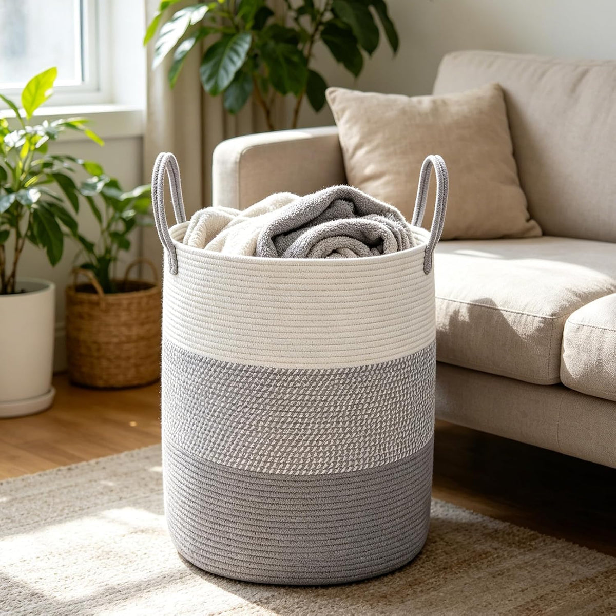 Large Laundry Hamper, Woven Rope Basket with Sturdy Handles- Grey