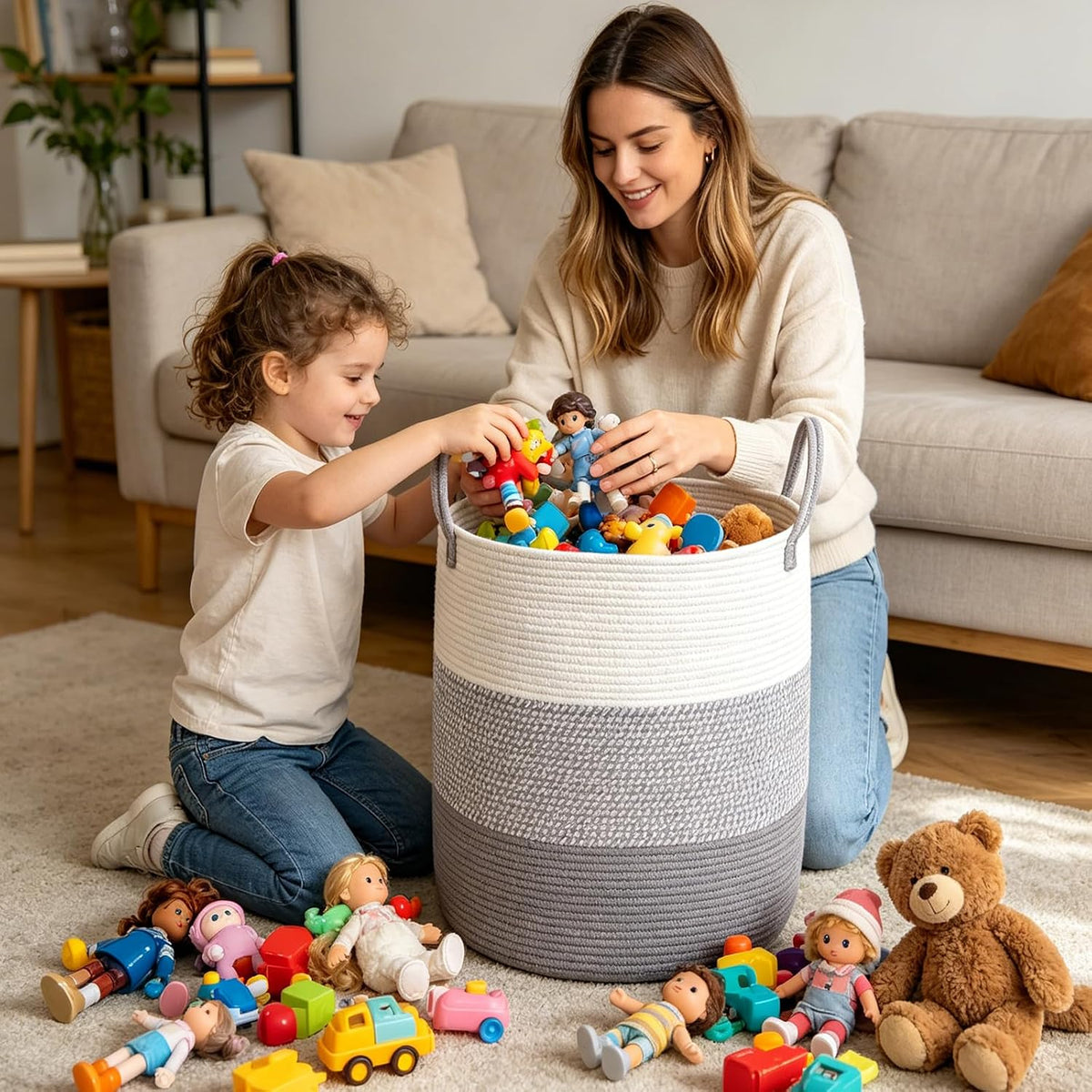 Large Laundry Hamper, Woven Rope Basket with Sturdy Handles- Grey