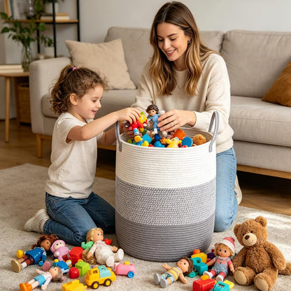 Large Laundry Hamper, Woven Rope Basket with Sturdy Handles- Grey