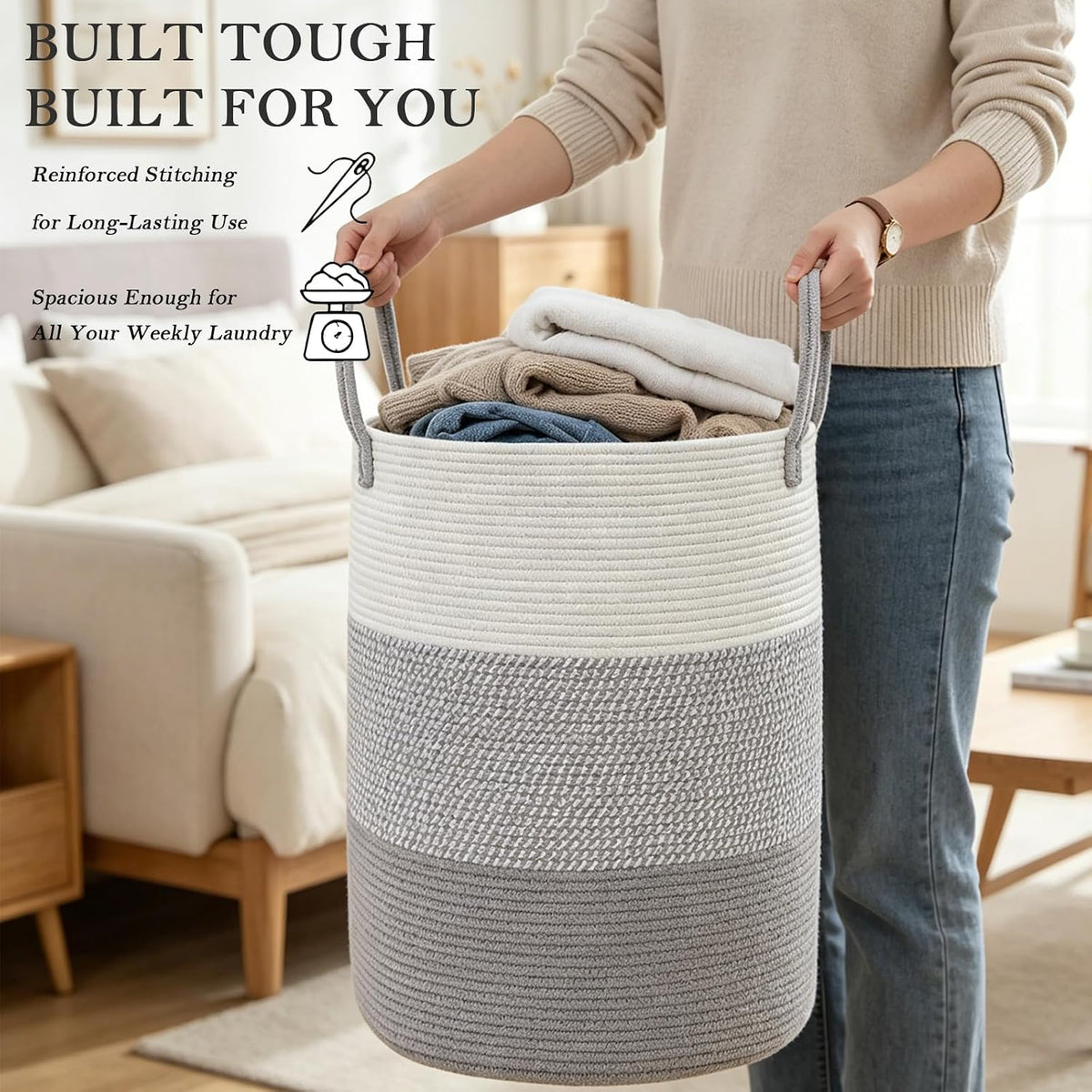 Large Laundry Hamper, Woven Rope Basket with Sturdy Handles- Grey