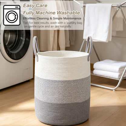 Large Laundry Hamper, Woven Rope Basket with Sturdy Handles- Grey