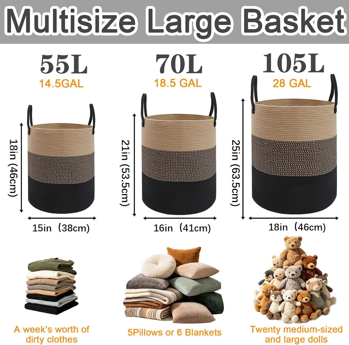 Large Laundry Hamper, Woven Rope Basket with Sturdy Handles- Grey