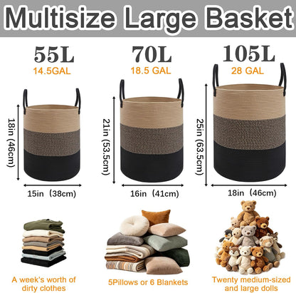 Large Laundry Hamper, Woven Rope Basket with Sturdy Handles- Grey