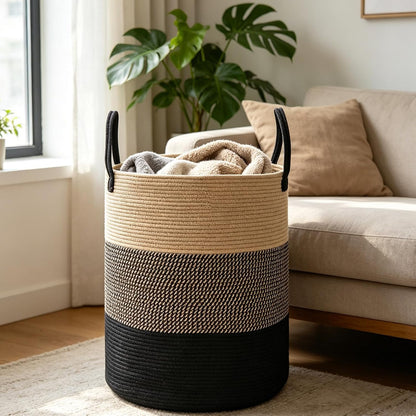 Large Laundry Hamper, Woven Rope Basket with Sturdy Handles- Grey