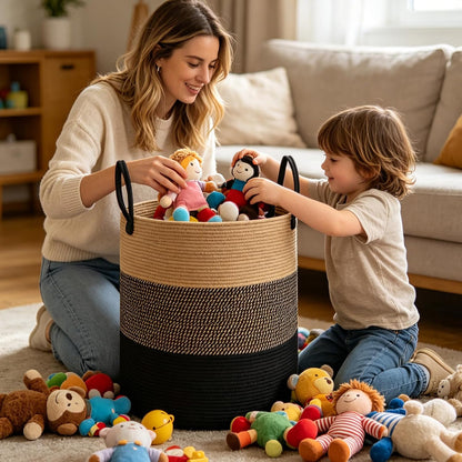 Large Laundry Hamper, Woven Rope Basket with Sturdy Handles- Grey