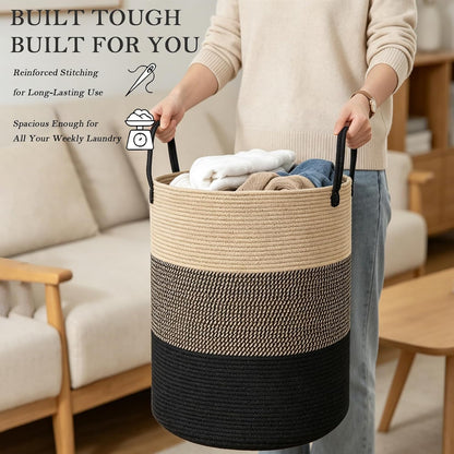 Large Laundry Hamper, Woven Rope Basket with Sturdy Handles- Grey