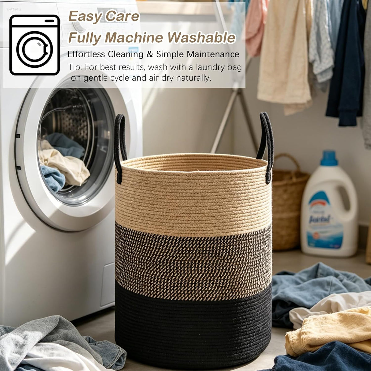 Large Laundry Hamper, Woven Rope Basket with Sturdy Handles- Grey