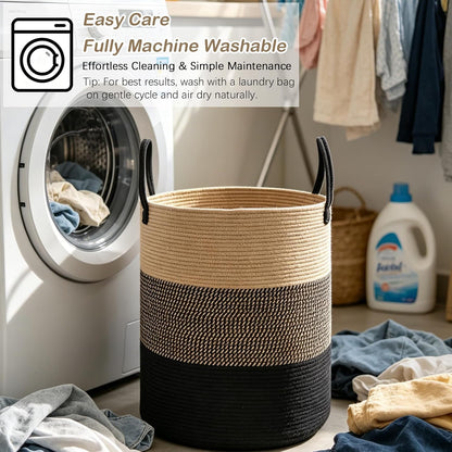 Large Laundry Hamper, Woven Rope Basket with Sturdy Handles- Grey
