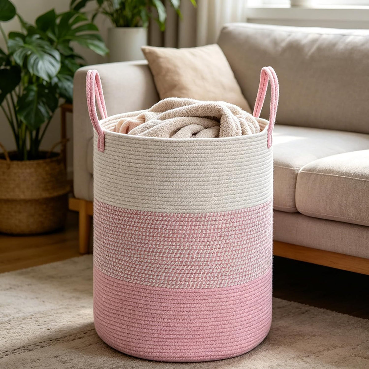 Large Laundry Hamper, Woven Rope Basket with Sturdy Handles- Grey