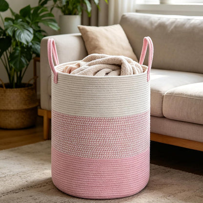 Large Laundry Hamper, Woven Rope Basket with Sturdy Handles- Grey