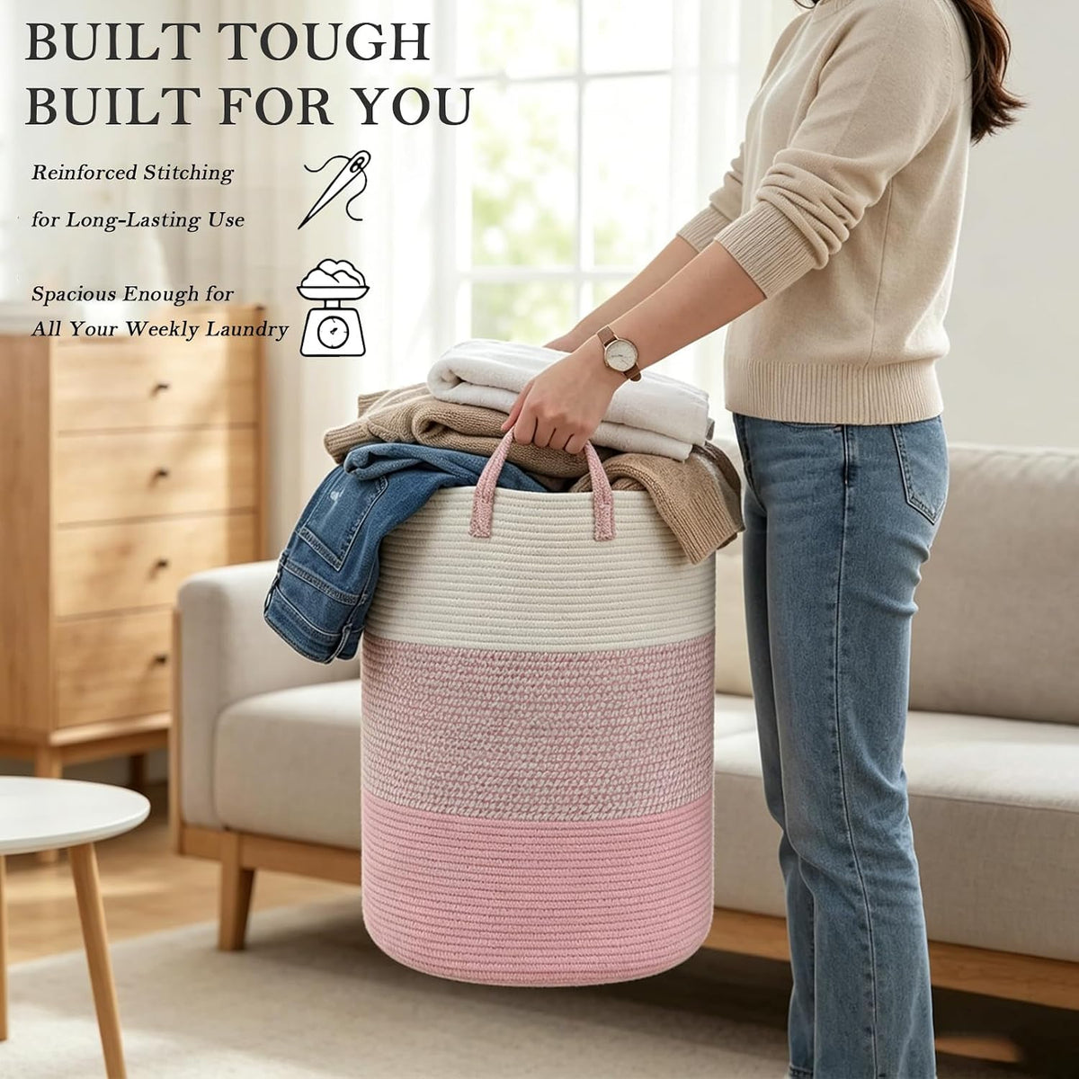Large Laundry Hamper, Woven Rope Basket with Sturdy Handles- Grey