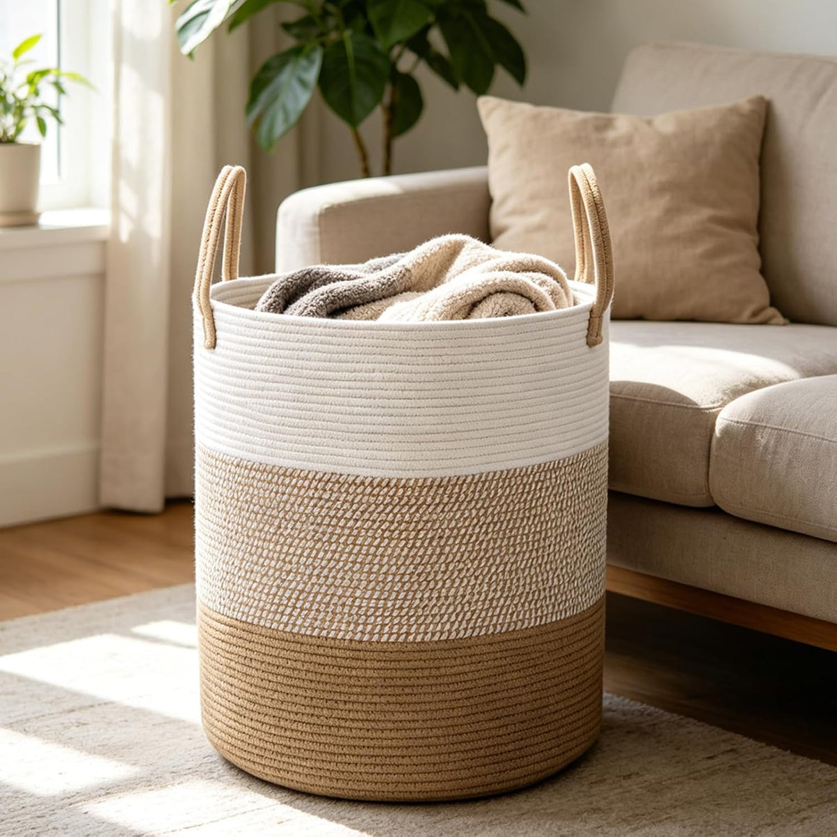 Large Laundry Hamper, Woven Rope Basket with Sturdy Handles- Grey
