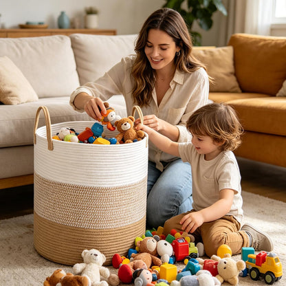 Large Laundry Hamper, Woven Rope Basket with Sturdy Handles- Grey