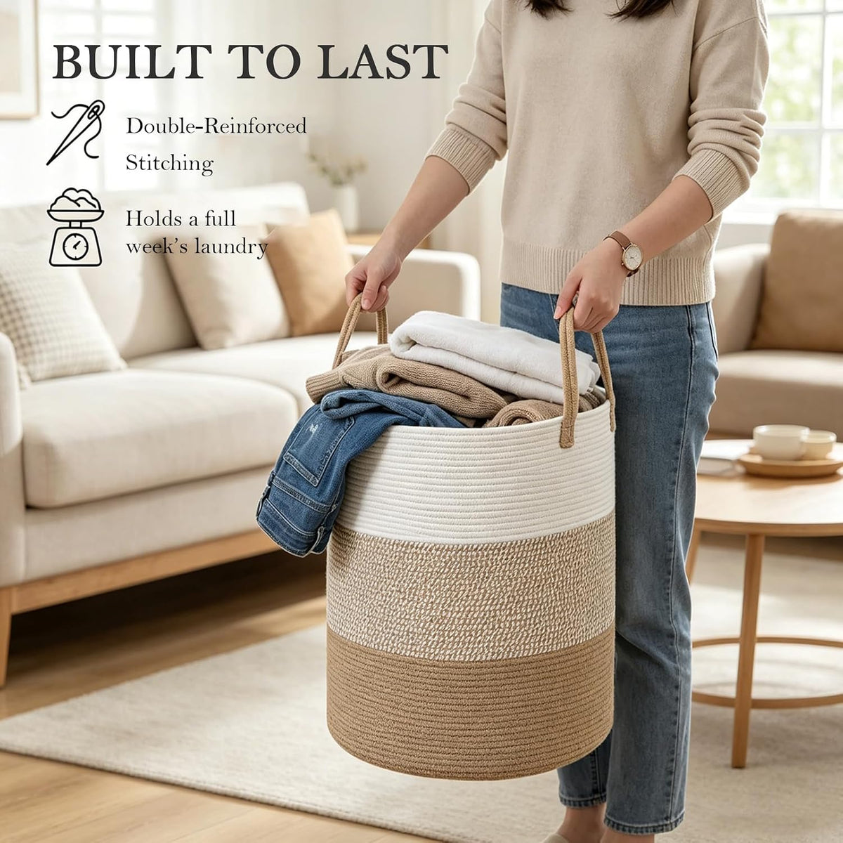 Large Laundry Hamper, Woven Rope Basket with Sturdy Handles- Grey