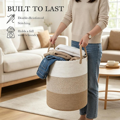 Large Laundry Hamper, Woven Rope Basket with Sturdy Handles- Grey
