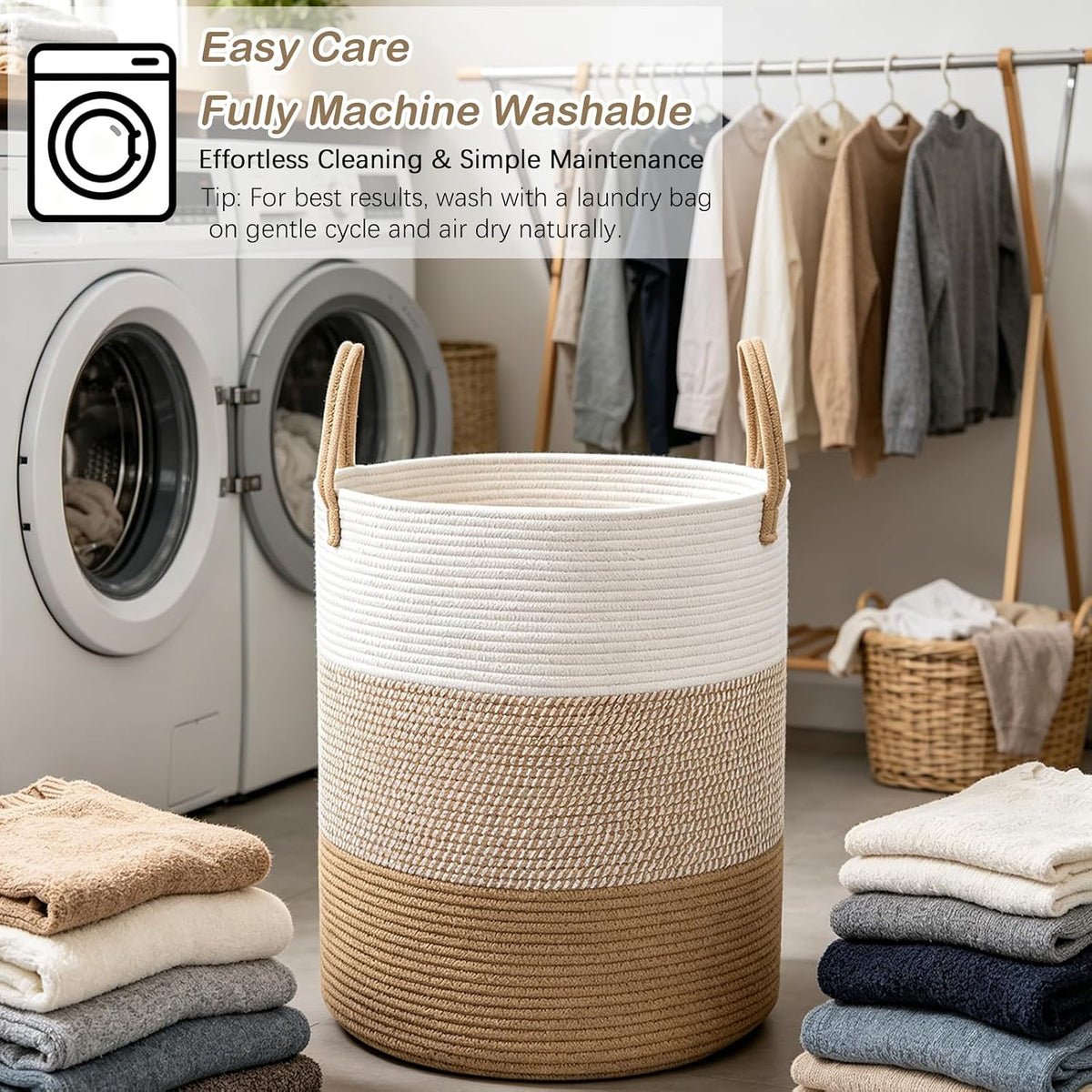 Large Laundry Hamper, Woven Rope Basket with Sturdy Handles- Grey