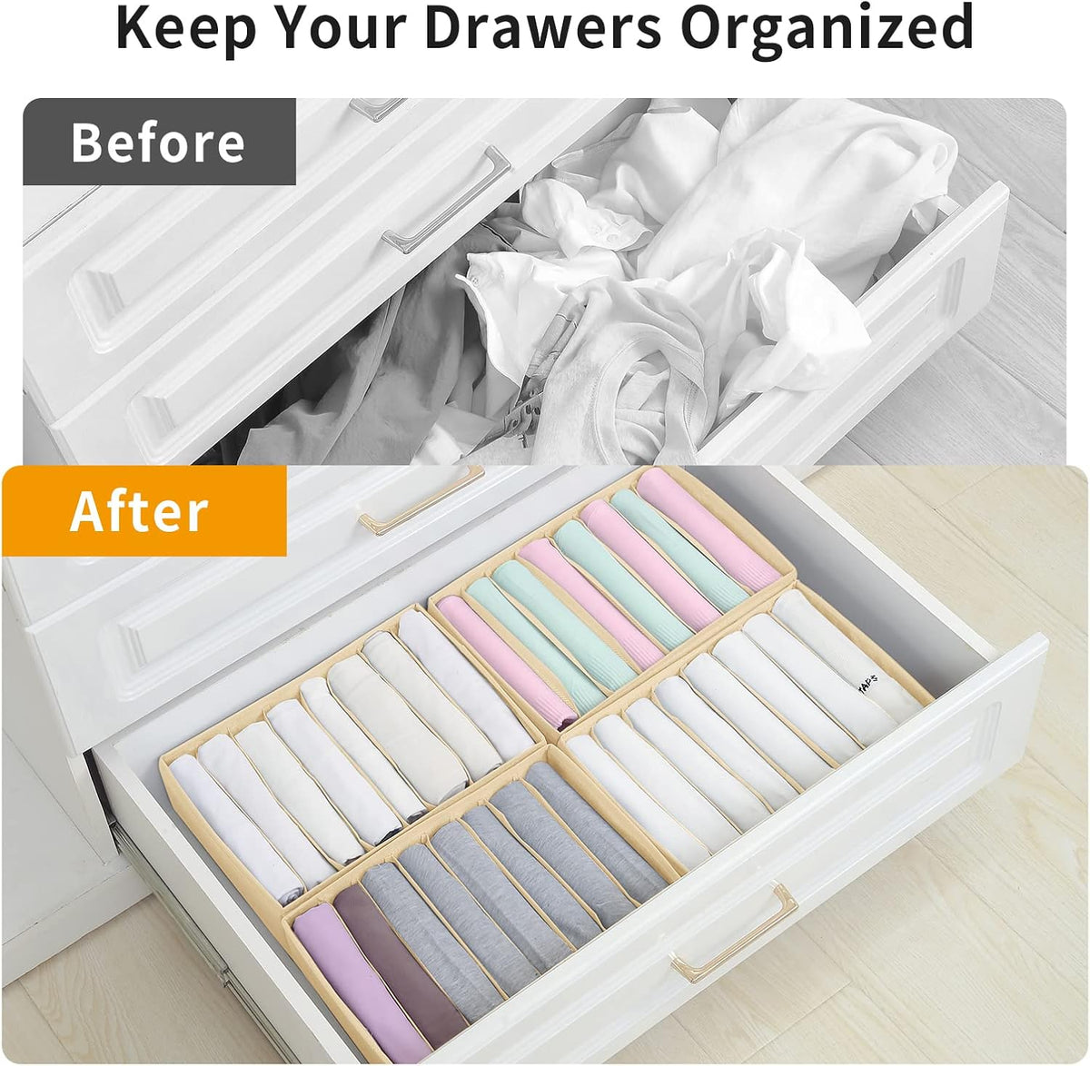 4 Pack Drawer Organizers for Clothing, 8 Grids Foldable Closet Organizers and Storage Bins for Bedroom, Dresser Organizer Boxes for Thin T-shirts, Tank Tops, Camisoles, Tights, Leggings