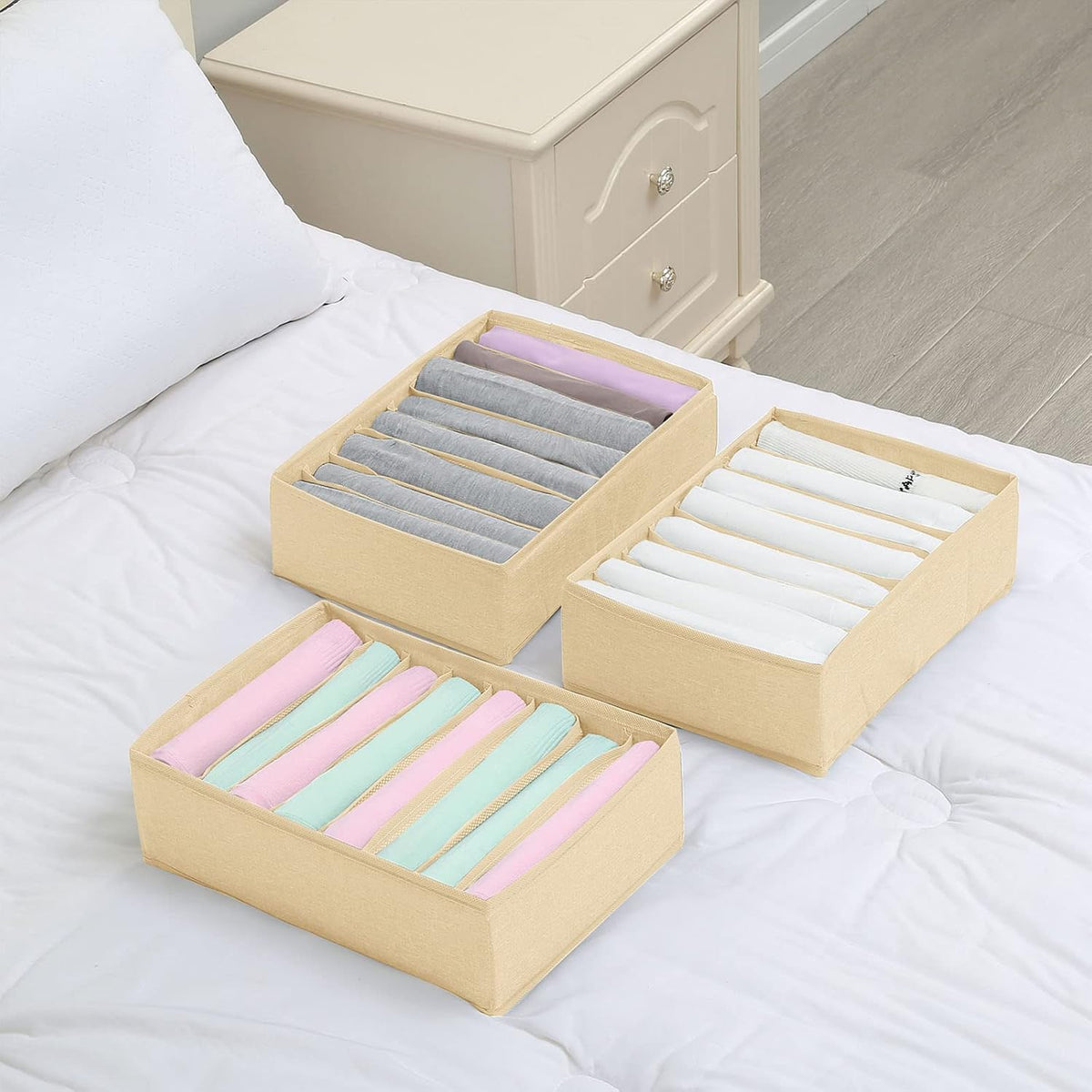 4 Pack Drawer Organizers for Clothing, 8 Grids Foldable Closet Organizers and Storage Bins for Bedroom, Dresser Organizer Boxes for Thin T-shirts, Tank Tops, Camisoles, Tights, Leggings