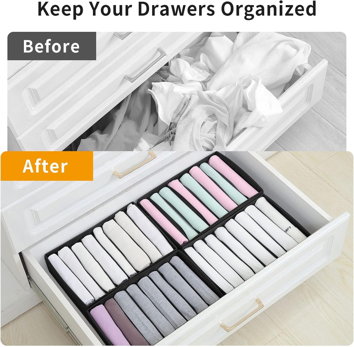 4 Pack Drawer Organizers for Clothing, 8 Grids Foldable Closet Organizers and Storage Bins for Bedroom, Dresser Organizer Boxes for Thin T-shirts, Tank Tops, Camisoles, Tights, Leggings